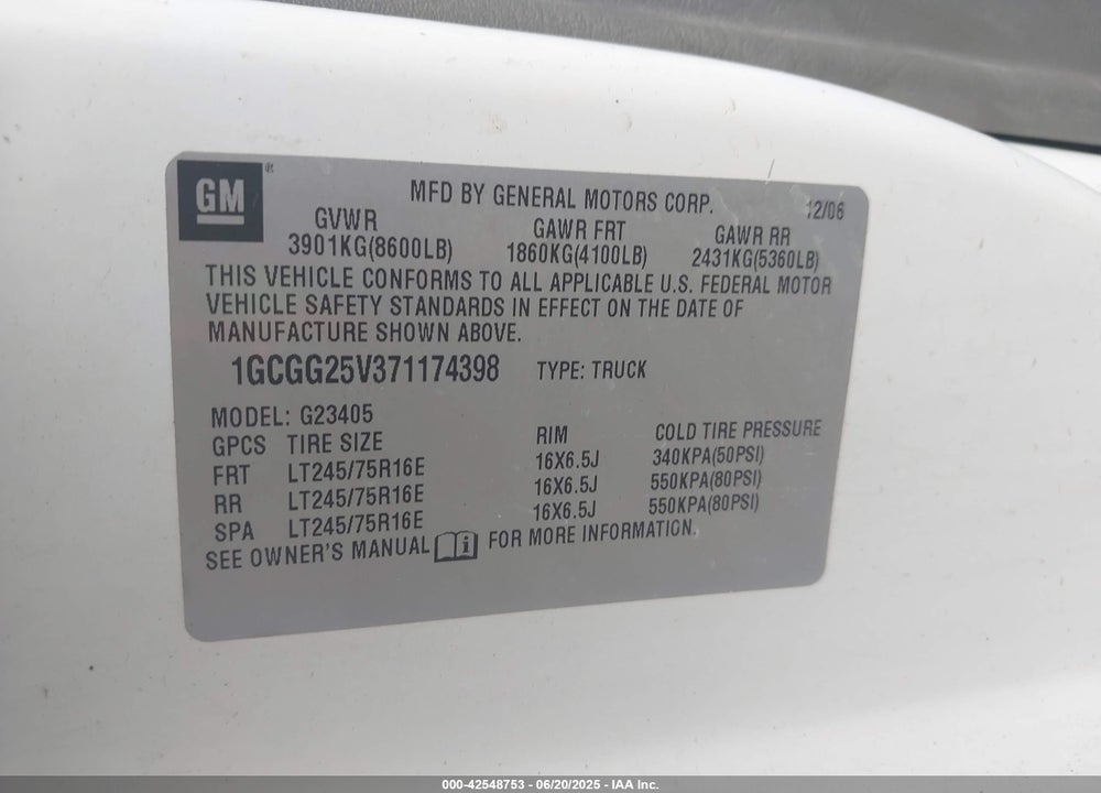 2007 CHEVROLET EXPRESS WORK VAN VIN: 1GCGG25V371174398