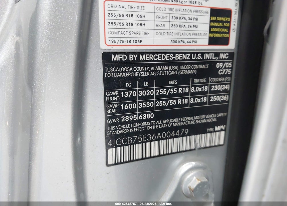2006 MERCEDES-BENZ R 500 VIN: 4JGCB75E36A004479