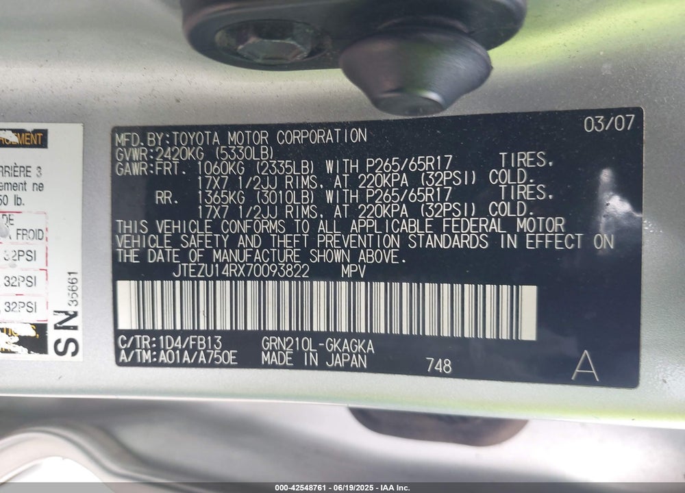 2007 TOYOTA 4RUNNER VIN: JTEZU14RX70093822