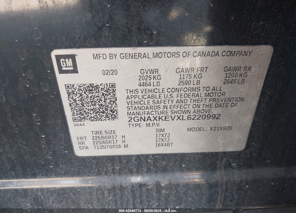 2020 CHEVROLET EQUINOX VIN: 2GNAXKEVXL6220992