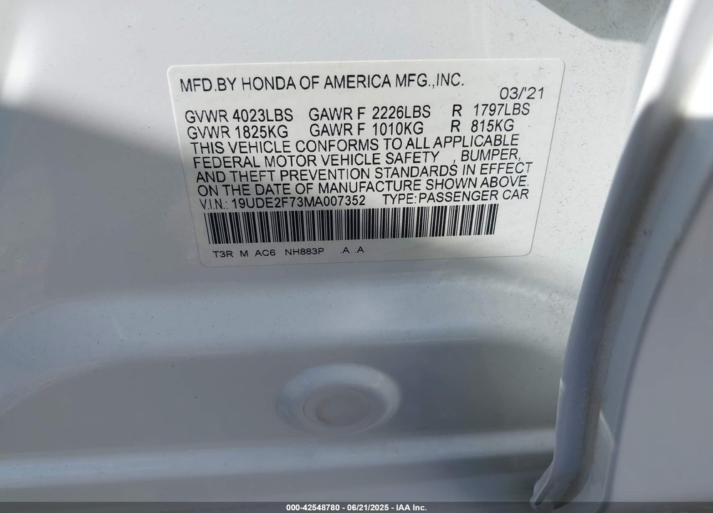 2021 ACURA ILX VIN: 19UDE2F73MA007352