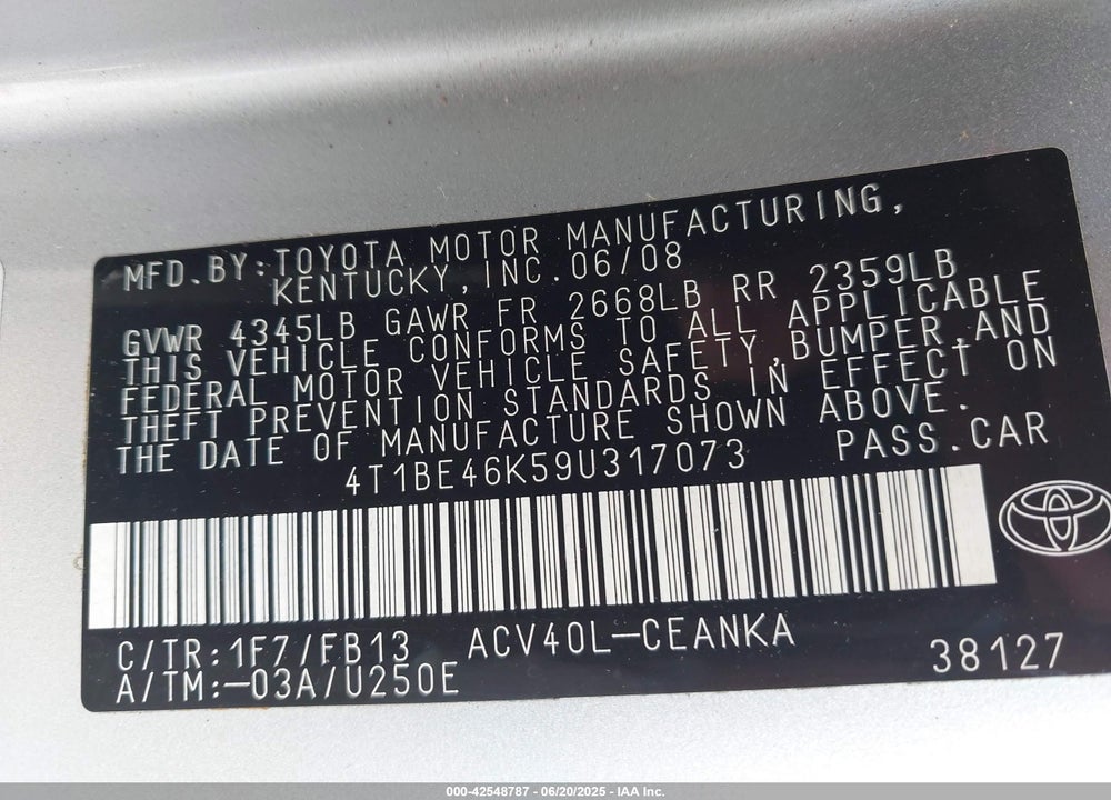 2009 TOYOTA CAMRY VIN: 4T1BE46K59U317073