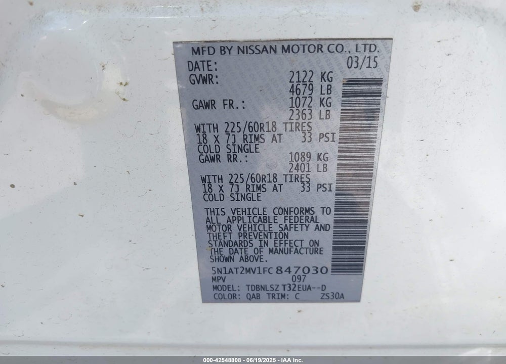 2015 NISSAN ROGUE SL VIN: 5N1AT2MV1FC847030