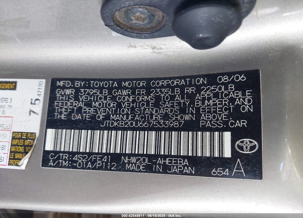 2006 TOYOTA PRIUS VIN: JTDKB20U667533987