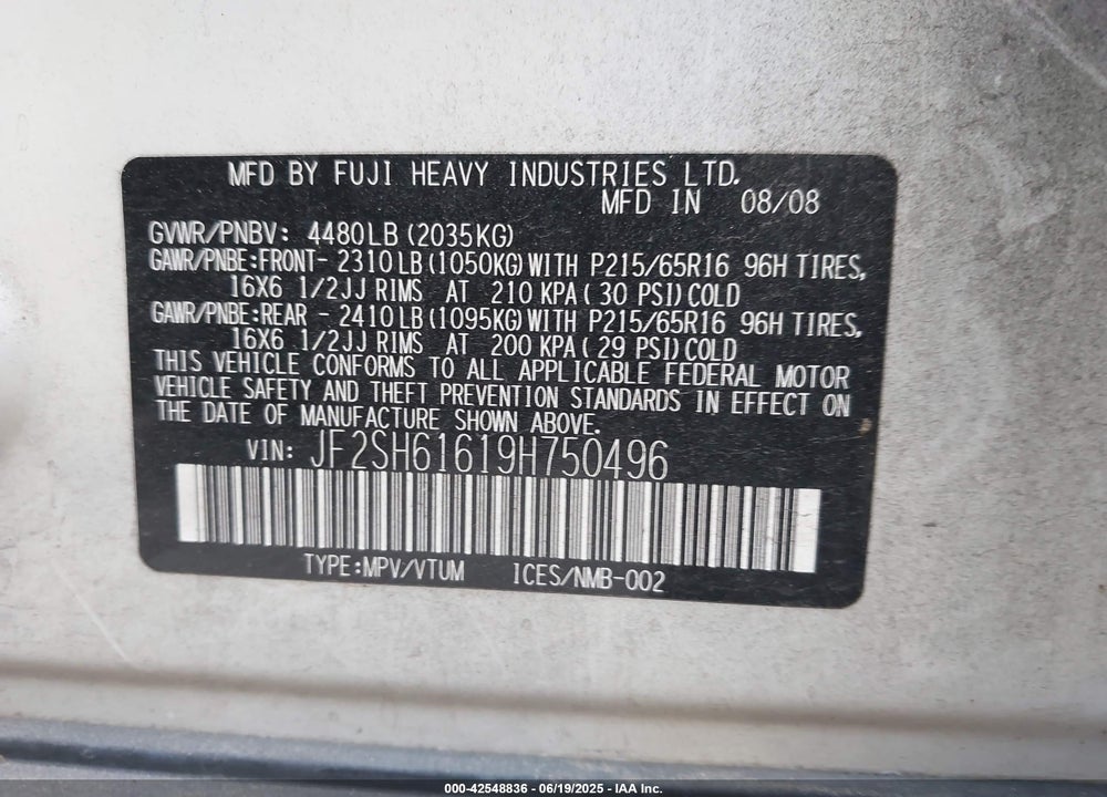 2009 SUBARU FORESTER 2.5X VIN: JF2SH61619H750496