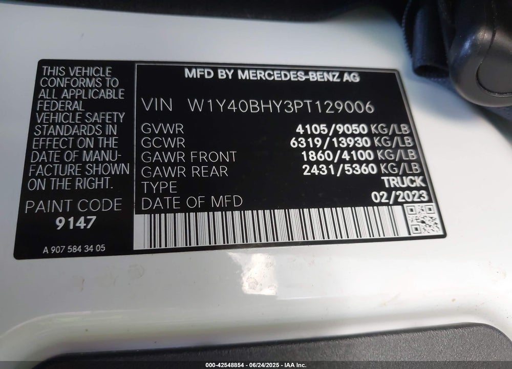 2023 MERCEDES-BENZ SPRINTER 2500 STANDARD ROOF 4-CYL GAS VIN: W1Y40BHY3PT129006