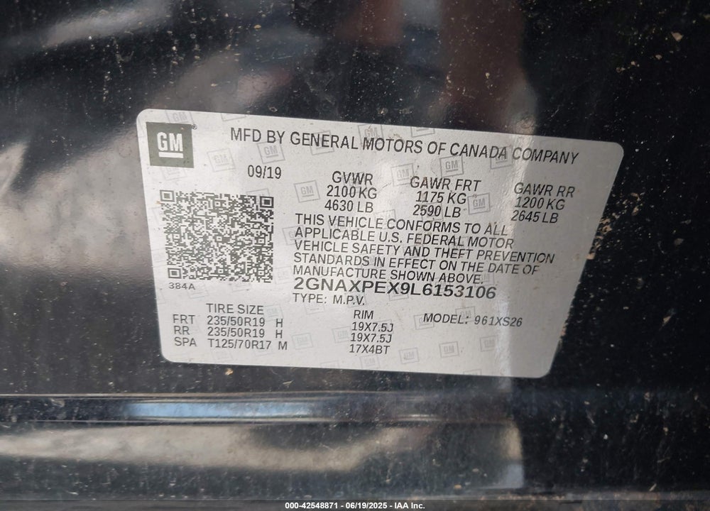 2020 CHEVROLET EQUINOX VIN: 2GNAXPEX9L6153106