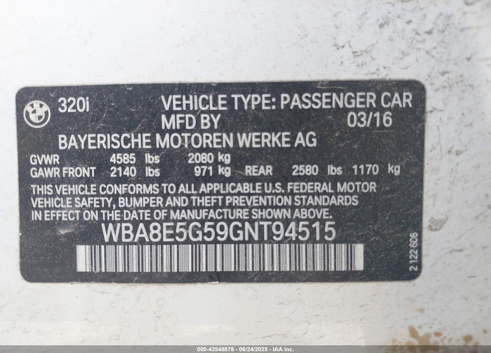 2016 BMW 3 SERIES VIN: WBA8E5G59GNT94515