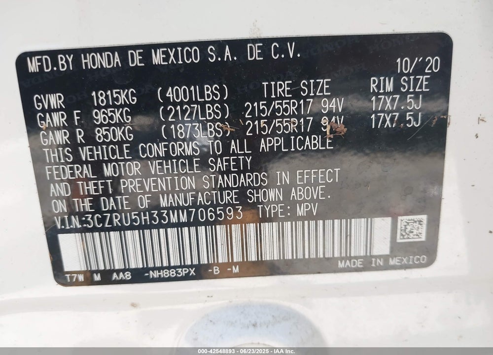 2021 HONDA HR-V VIN: 3CZRU5H33MM706593