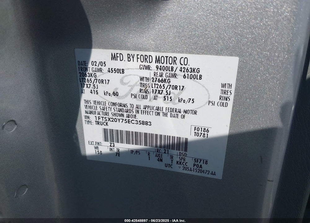2005 FORD F-250 VIN: 1FTSX20Y75EC35883
