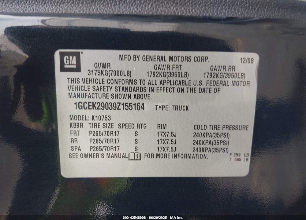 2009 CHEVROLET SILVERADO 1500 VIN: 1GCEK29039Z155164