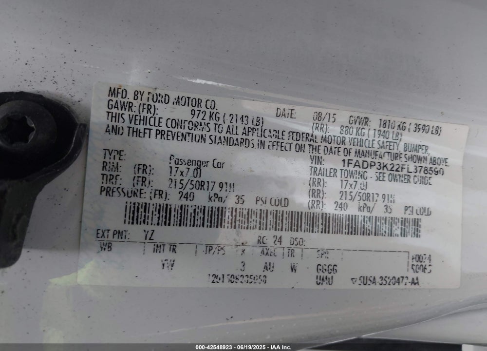 2015 FORD FOCUS VIN: 1FADP3K22FL378590