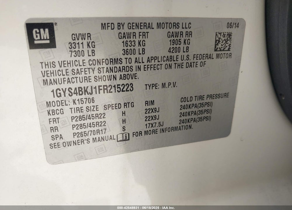 2015 CADILLAC ESCALADE LUXURY VIN: 1GYS4BKJ1FR215223
