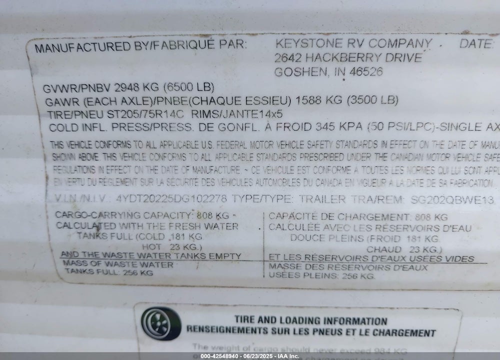 2013 KEYSTONE RV OTHER VIN: 4YDT20225DG102278