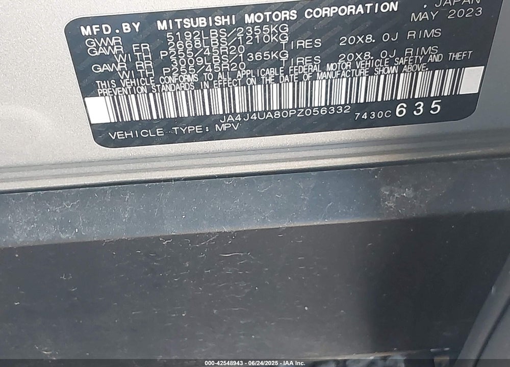 2023 MITSUBISHI OUTLANDER VIN: JA4J4UA80PZ056332