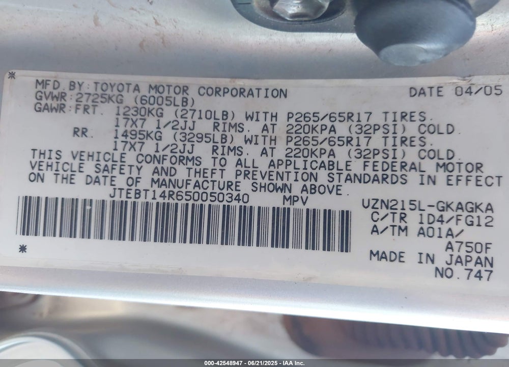 2005 TOYOTA 4RUNNER SR5 V8 VIN: JTEBT14R650050340