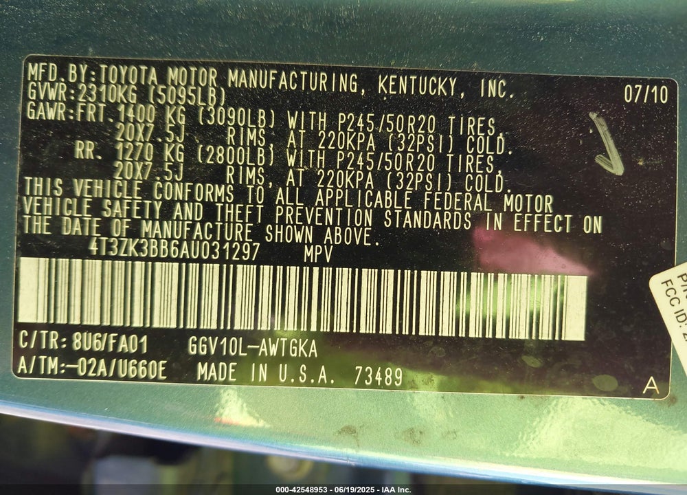 2010 TOYOTA VENZA BASE V6 VIN: 4T3ZK3BB6AU031297