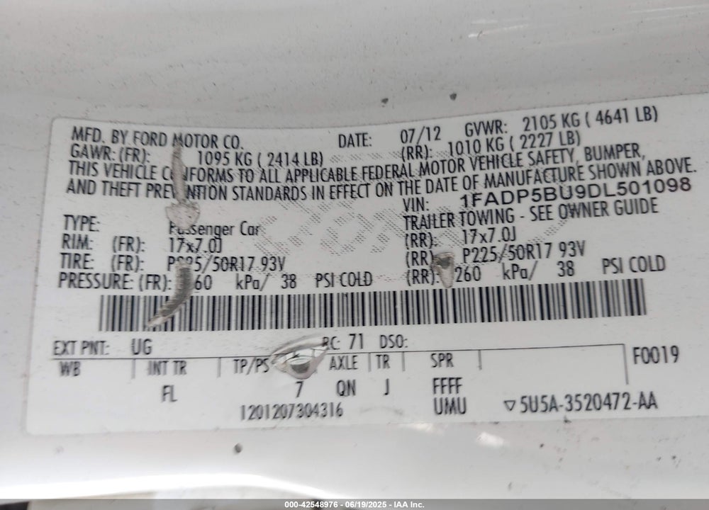 2013 FORD C-MAX VIN: 1FADP5BU9DL501098