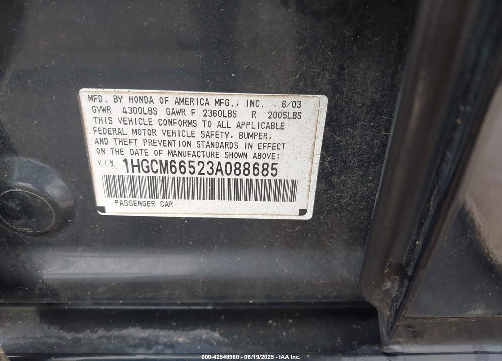 2003 HONDA ACCORD 3.0 EX VIN: 1HGCM66523A088685
