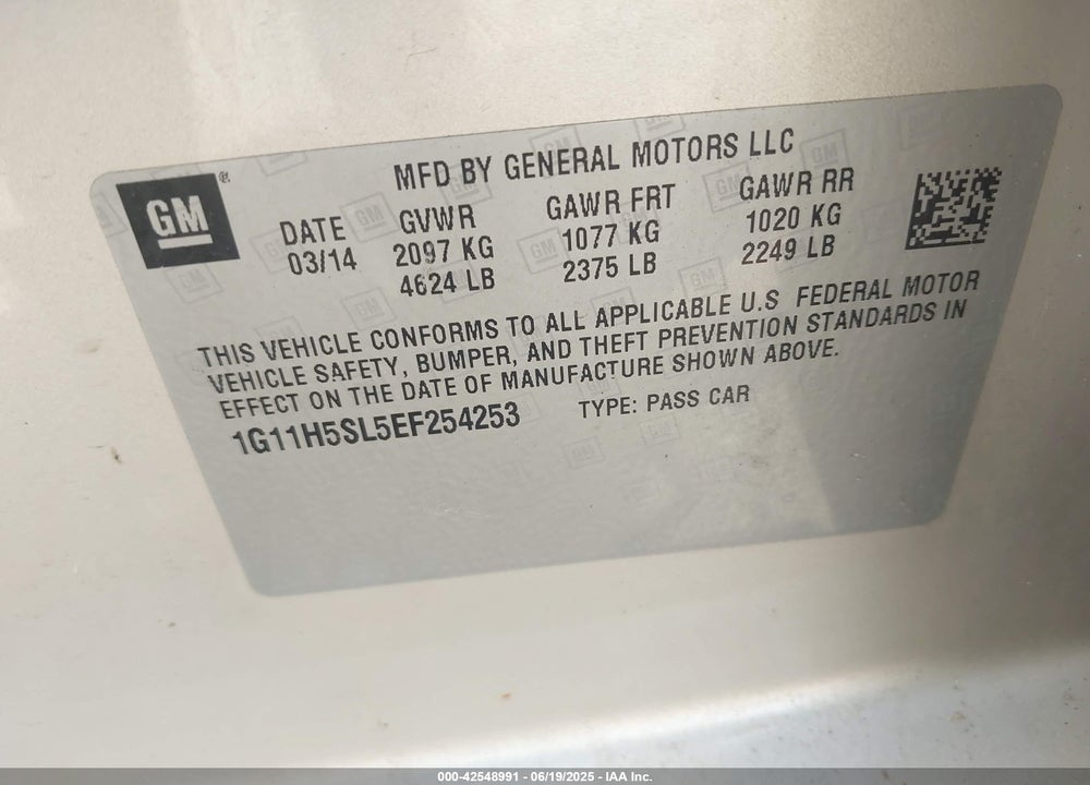 2014 CHEVROLET MALIBU 1LZ VIN: 1G11H5SL5EF254253