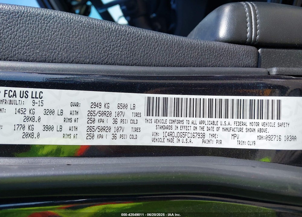 2015 DODGE DURANGO VIN: 1C4RDJDG5FC167938