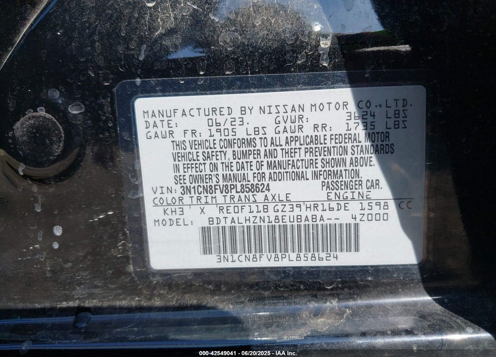 2023 NISSAN VERSA VIN: 3N1CN8FV8PL858624