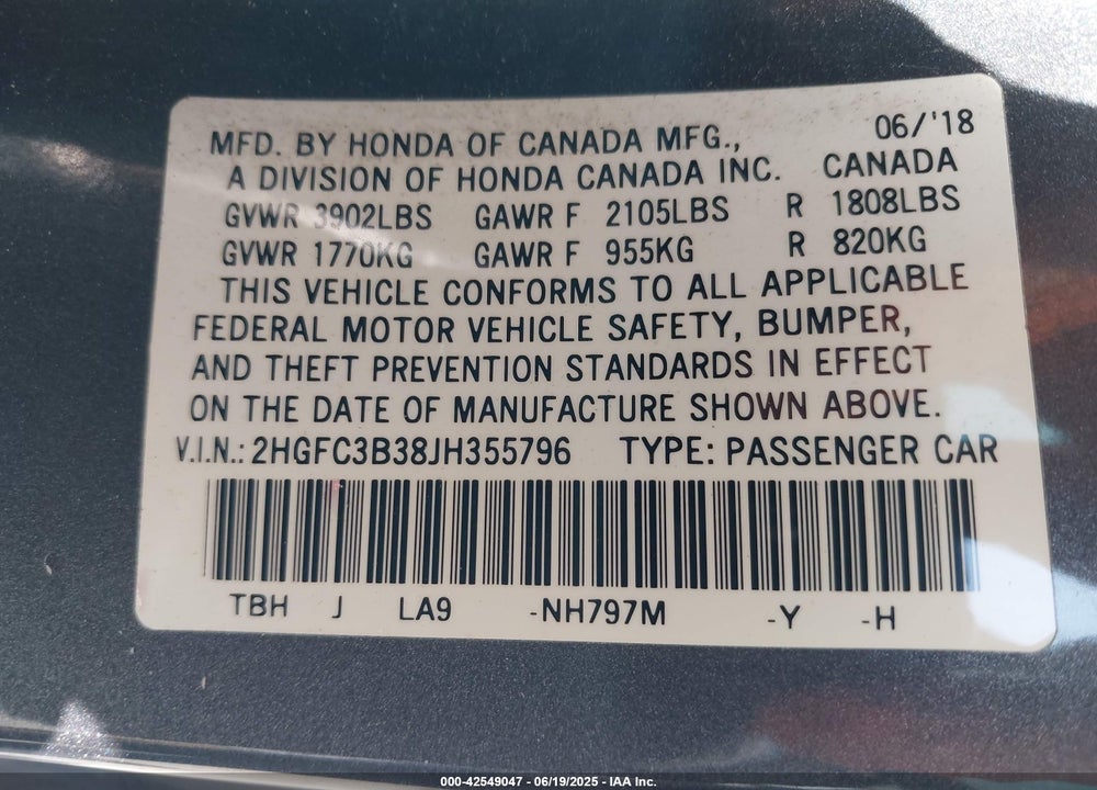 2018 HONDA CIVIC VIN: 2HGFC3B38JH355796