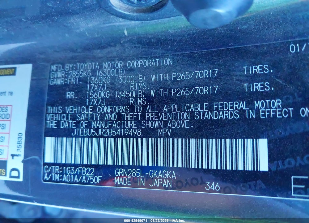 2017 TOYOTA 4RUNNER VIN: JTEBU5JR2H5419498