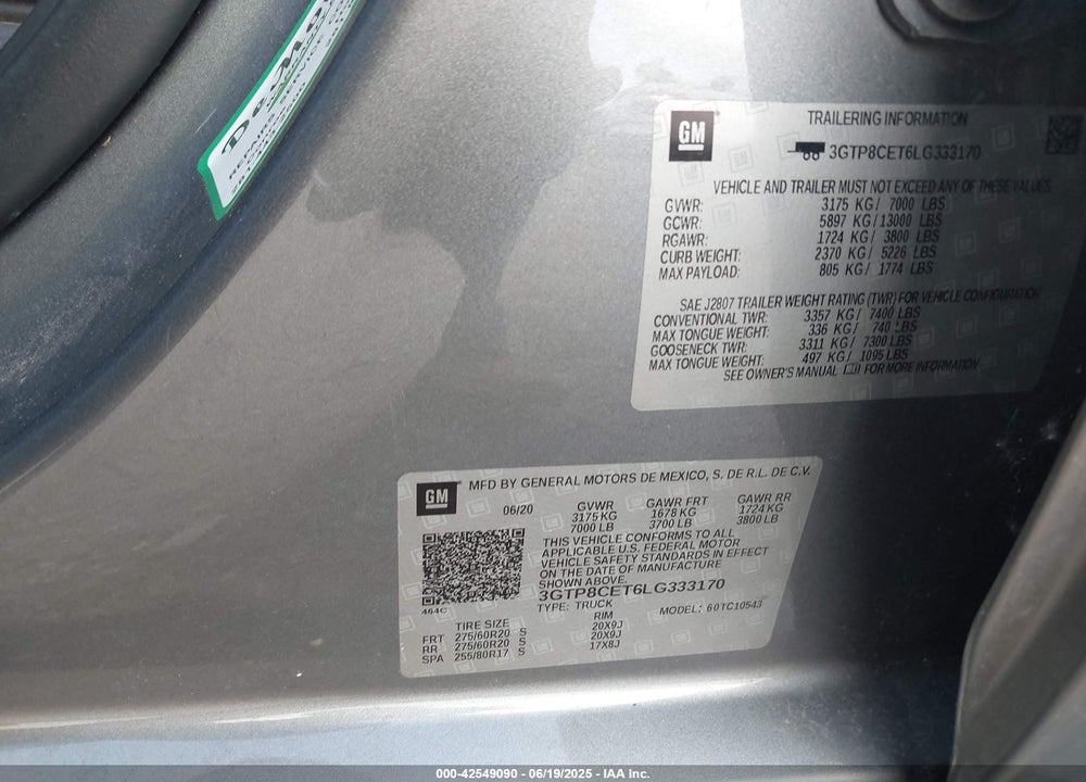 2020 GMC SIERRA 1500 VIN: 3GTP8CET6LG333170