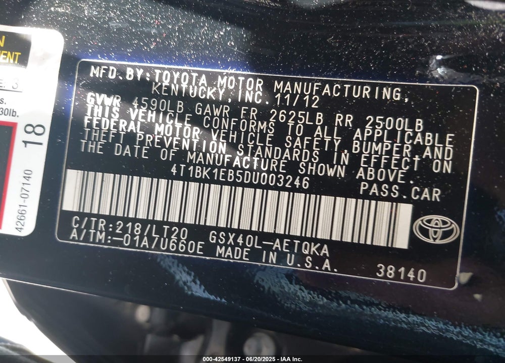 2013 TOYOTA AVALON VIN: 4T1BK1EB5DU003246