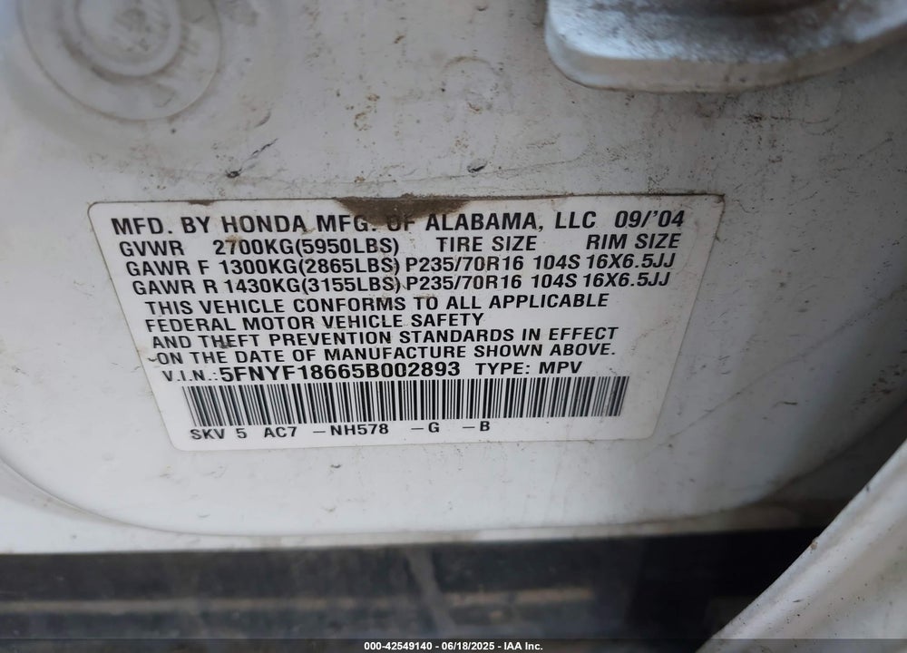 2005 HONDA PILOT EX-L VIN: 5FNYF18665B002893