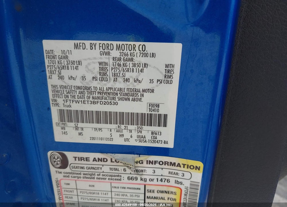 2011 FORD F-150 XLT VIN: 1FTFW1ET3BFD20530