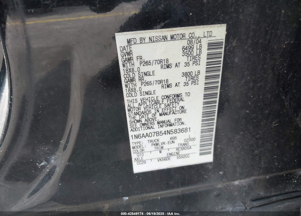 2004 NISSAN TITAN XE/SE/LE VIN: 1N6AA07B54N583681