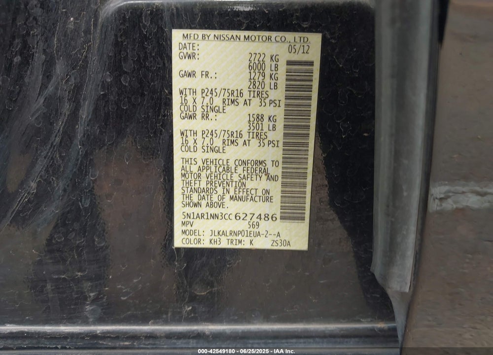 2012 NISSAN PATHFINDER S VIN: 5N1AR1NN3CC627486