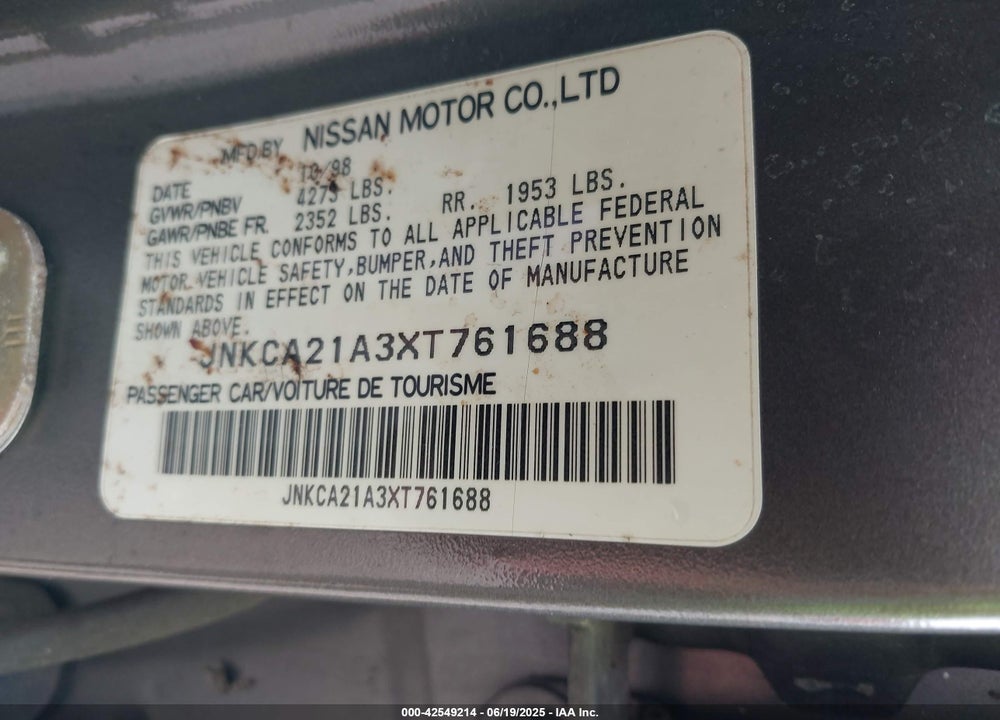 1999 INFINITI I30 LIMITED/STANDARD/TOURING VIN: JNKCA21A3XT761688