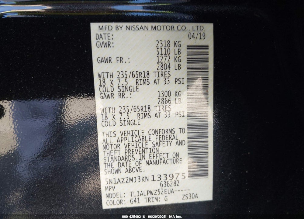 2019 NISSAN MURANO VIN: 5N1AZ2MJ3KN133975