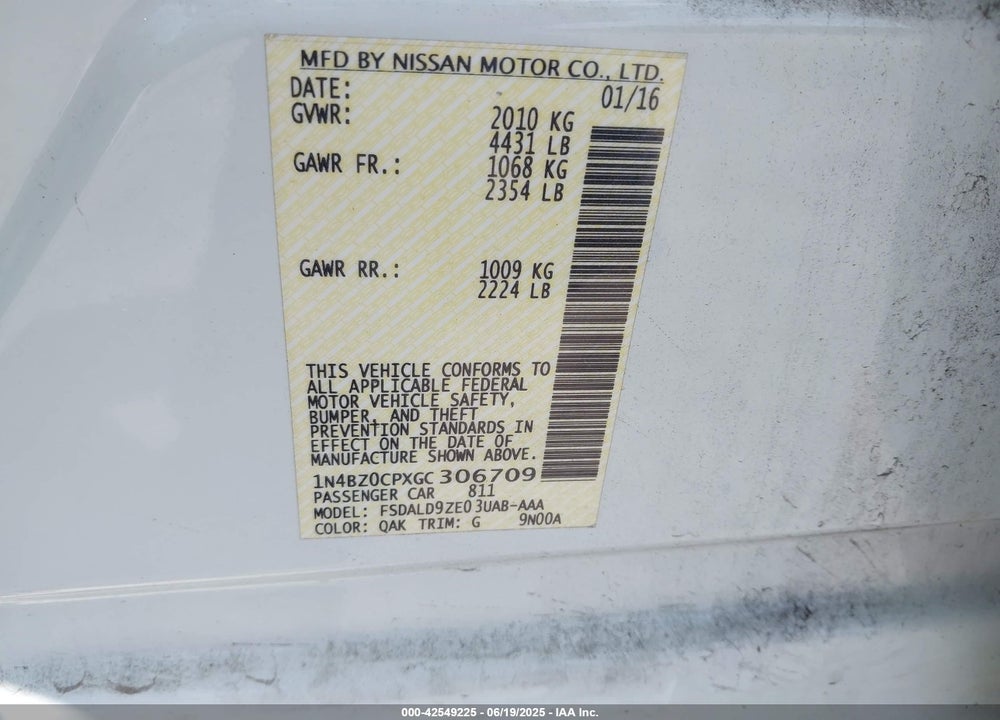 2016 NISSAN LEAF VIN: 1N4BZ0CPXGC306709