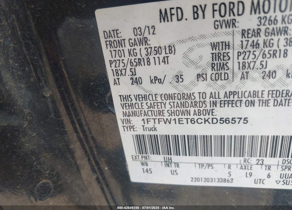 2012 FORD F-150 VIN: 1FTFW1ET6CKD56575