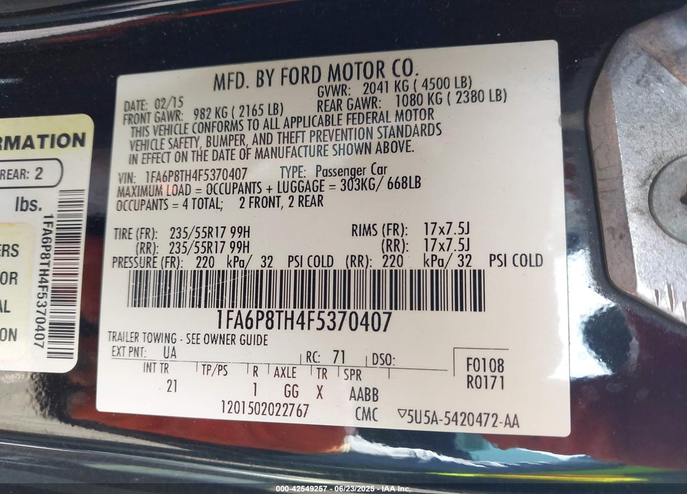 2015 FORD MUSTANG VIN: 1FA6P8TH4F5370407