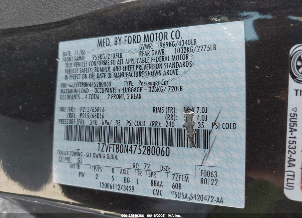 2007 FORD MUSTANG V6 DELUXE/V6 PREMIUM VIN: 1ZVFT80N475280060