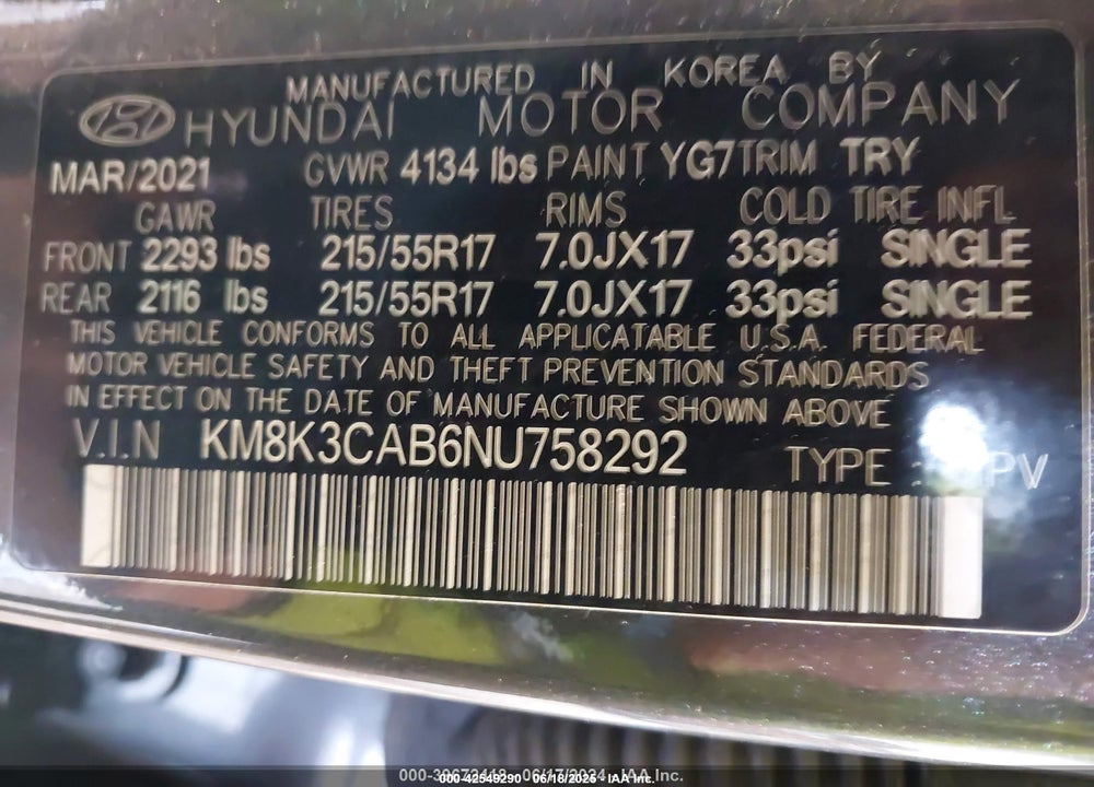 2022 HYUNDAI KONA VIN: KM8K3CAB6NU758292