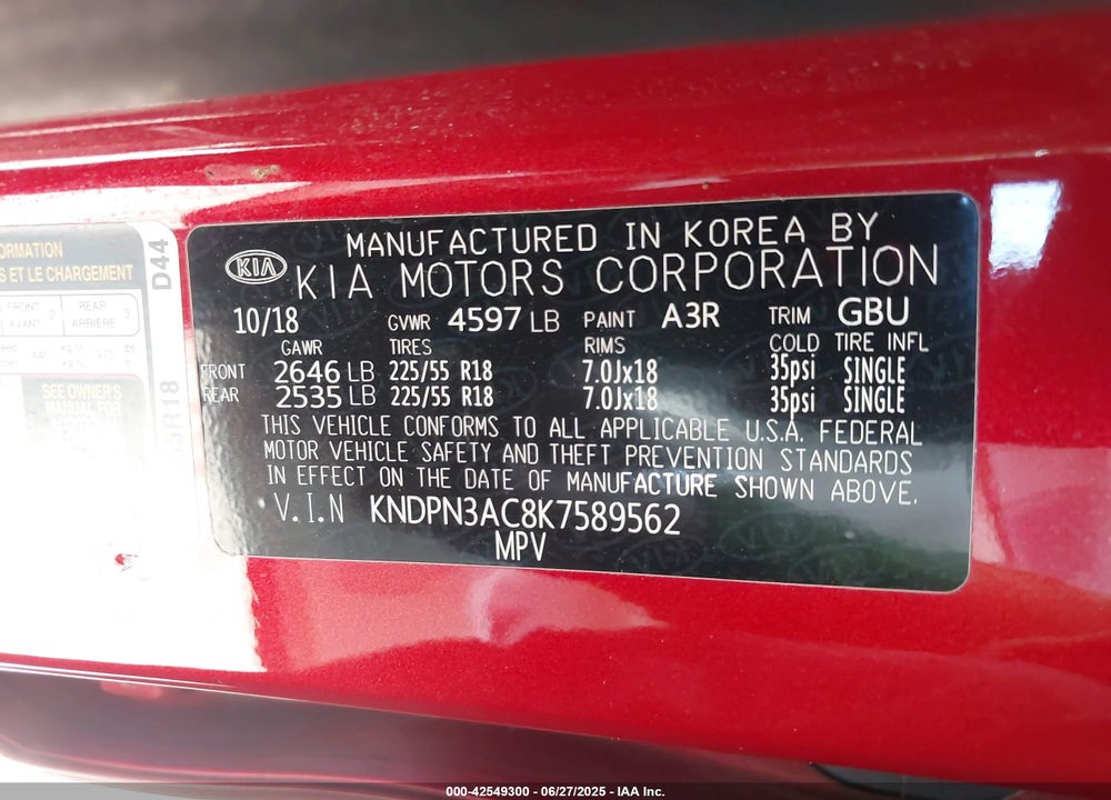 2019 KIA SPORTAGE VIN: KNDPN3AC8K7589562