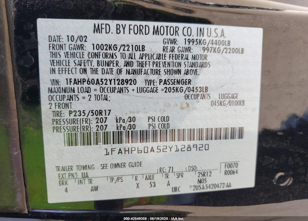 2002 FORD THUNDERBIRD VIN: 1FAHP60A52Y128920