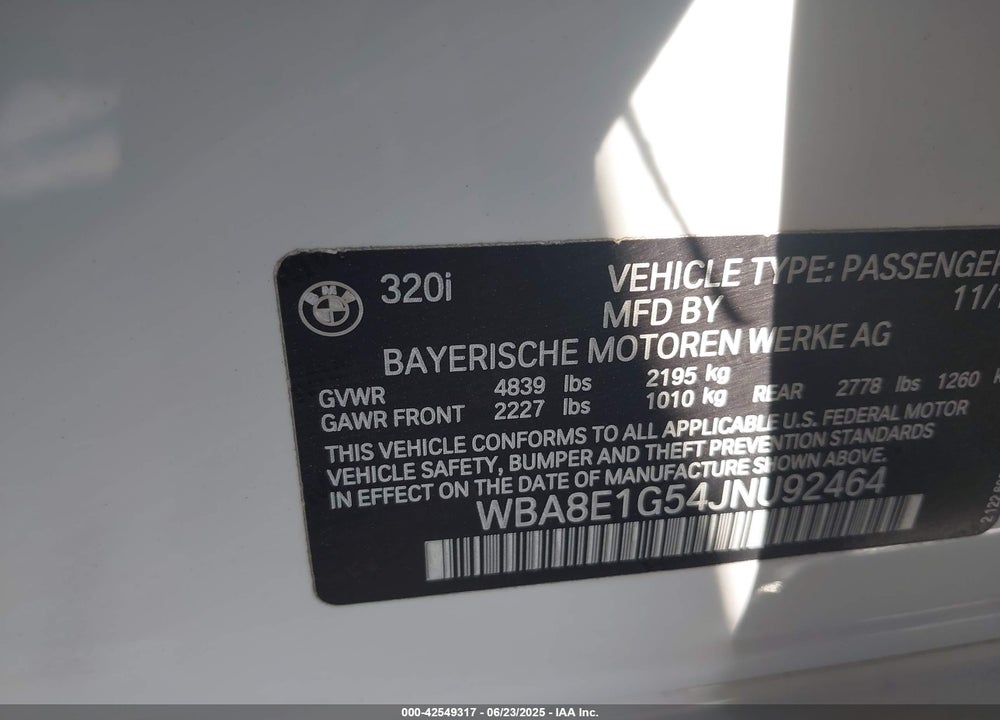 2018 BMW 3 SERIES VIN: WBA8E1G54JNU92464