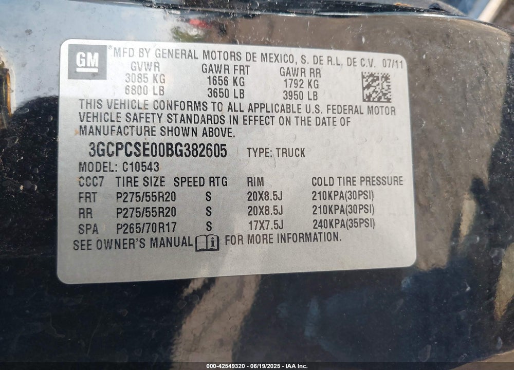 2011 CHEVROLET SILVERADO 1500 LT VIN: 3GCPCSE00BG382605