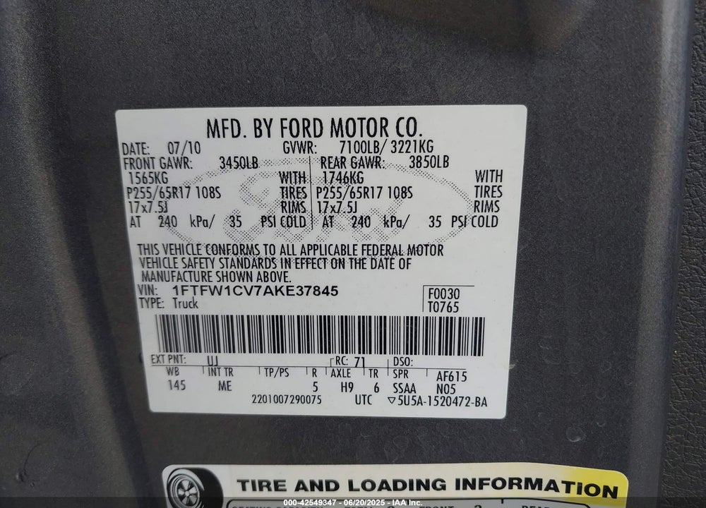 2010 FORD F-150 FX2 SPORT/HARLEY-DAVIDSON/KING RANCH/LARIAT/PLATINUM/XL/XLT VIN: 1FTFW1CV7AKE37845