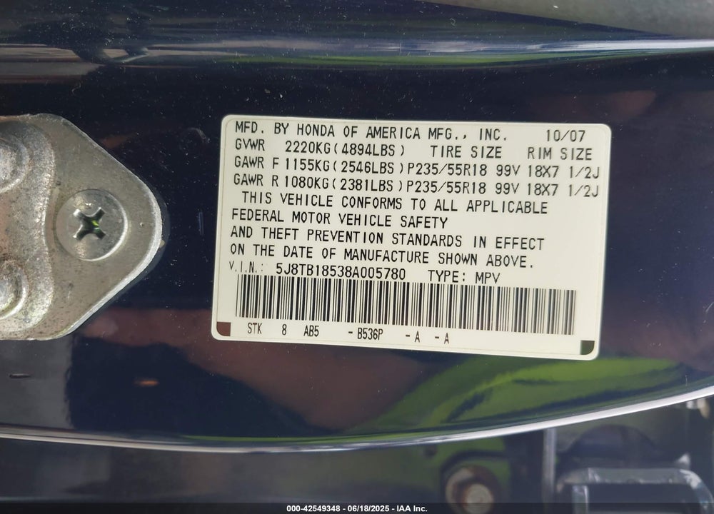 2008 ACURA RDX VIN: 5J8TB18538A005780