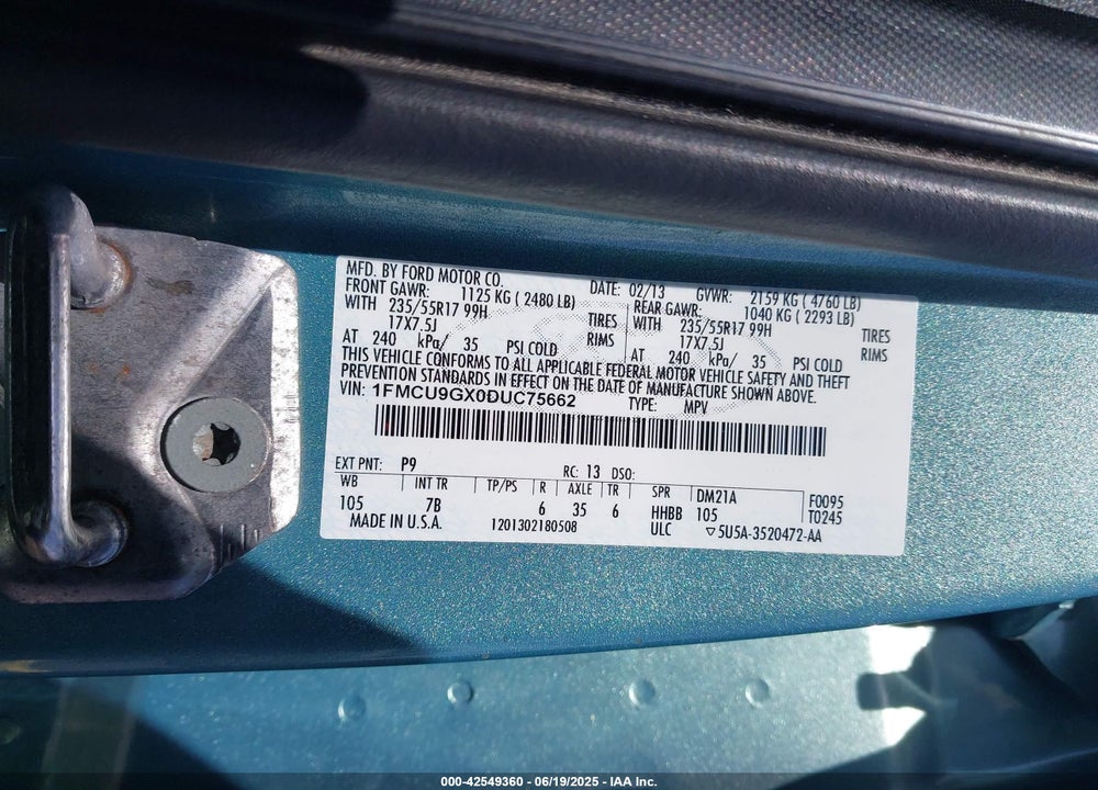 2013 FORD ESCAPE VIN: 1FMCU9GX0DUC75662