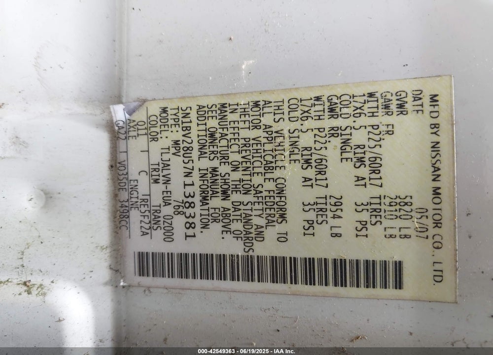 2007 NISSAN QUEST 3.5 SE VIN: 5N1BV28U57N138381