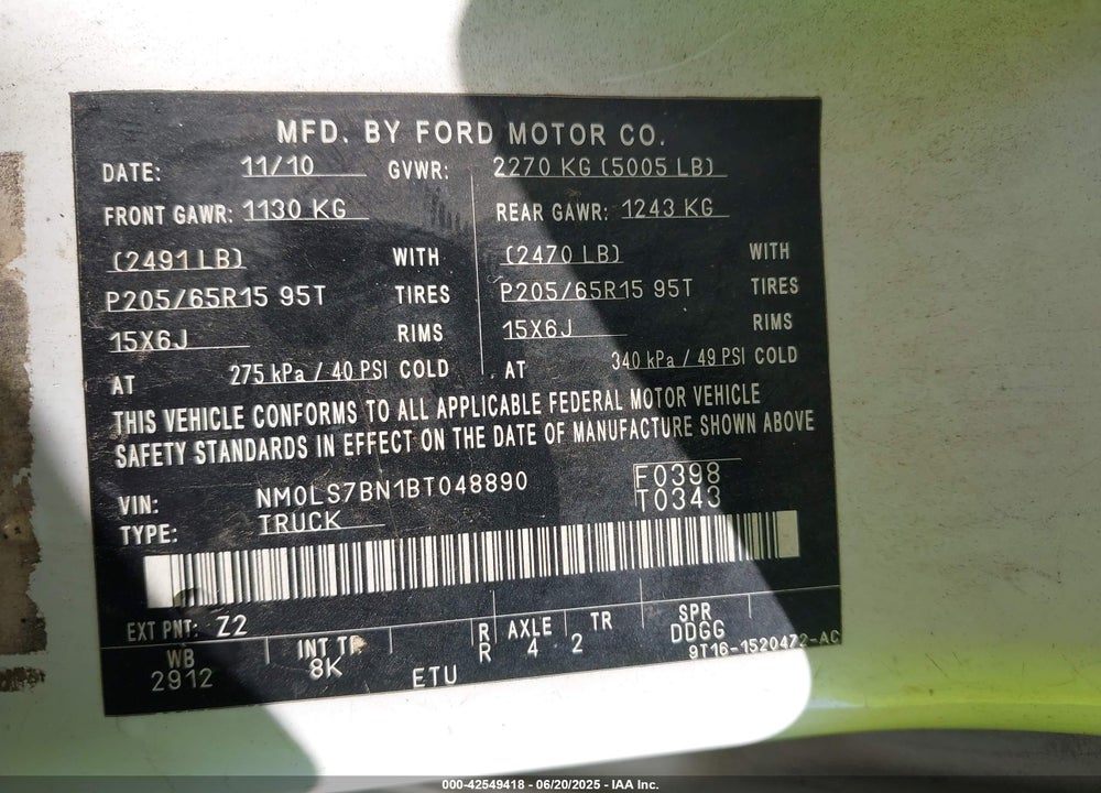 2011 FORD TRANSIT CONNECT XLT VIN: NM0LS7BN1BT048890